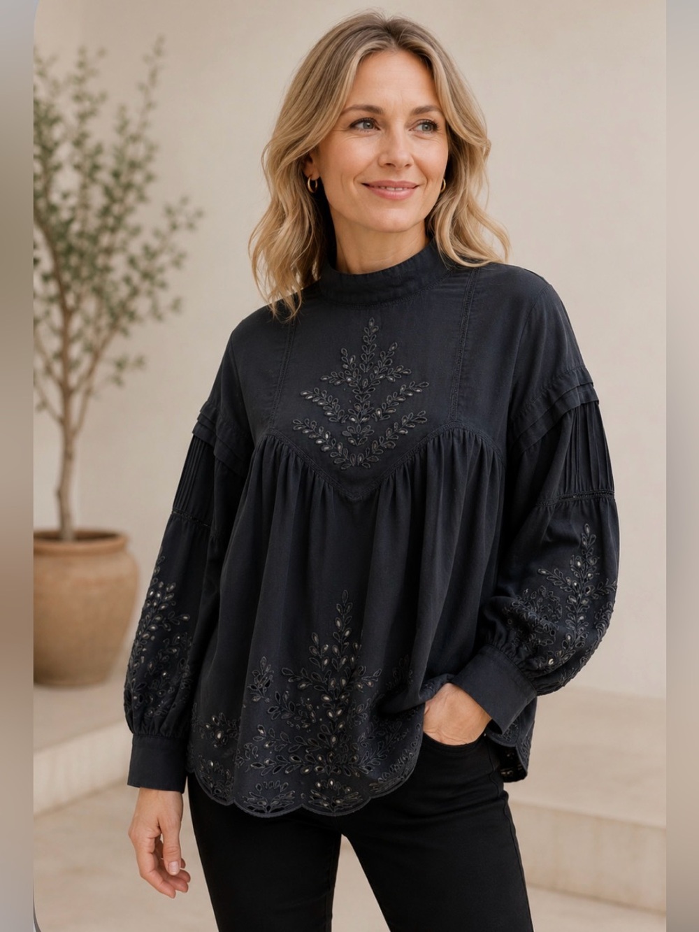 Monsoon Black Embroidered Mock-Neck Blouse 10